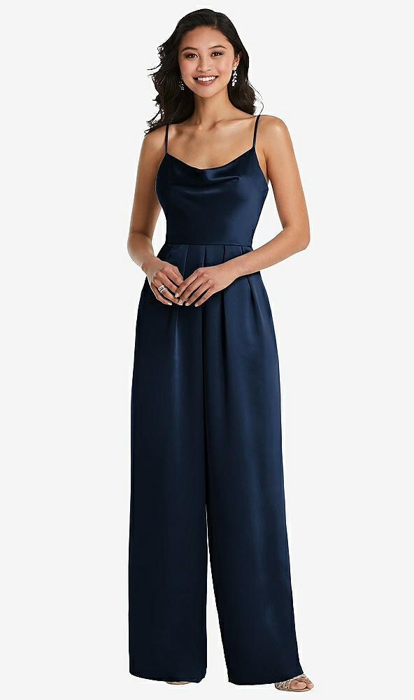Front View - Midnight Navy Cowl-Neck Spaghetti Strap Maxi Jumpsuit with Pockets