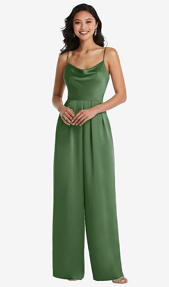 Front View - Vineyard Green Cowl-Neck Spaghetti Strap Maxi Jumpsuit with Pockets