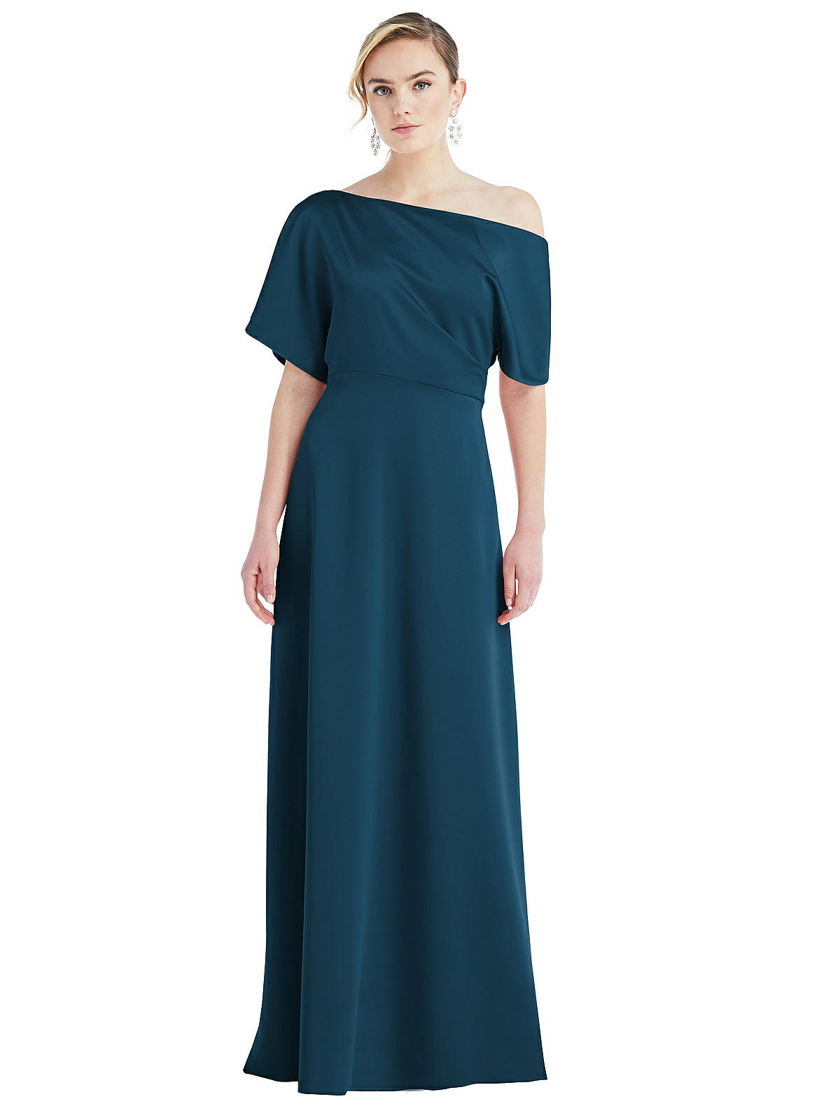 One-shoulder Sleeved Blouson Trumpet Bridesmaid Dress In Atlantic Blue ...