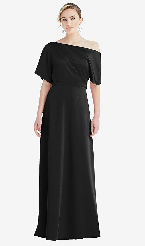 Front View - Black One-Shoulder Sleeved Blouson Trumpet Gown