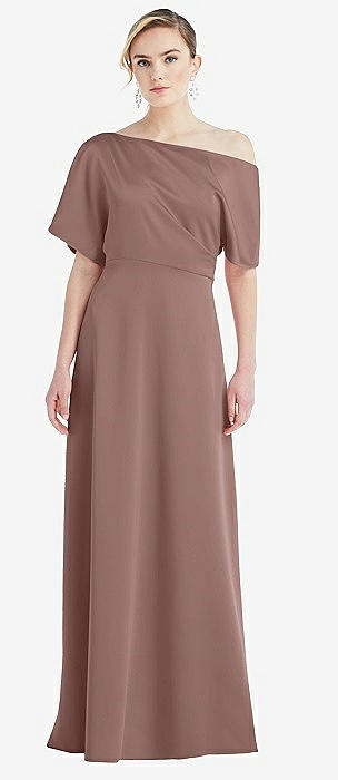 Flutter Sleeve Draped Wrap Stretch Maxi Bridesmaid Dress In French Truffle