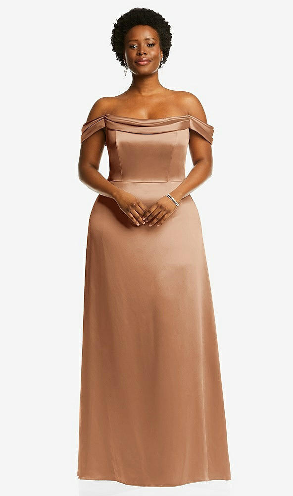 Front View - Toffee Draped Pleat Off-the-Shoulder Maxi Dress