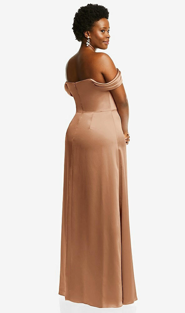 Back View - Toffee Draped Pleat Off-the-Shoulder Maxi Dress