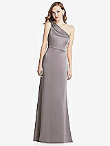 Front View Thumbnail - Cashmere Gray Shirred One-Shoulder Satin Trumpet Dress - Maddie