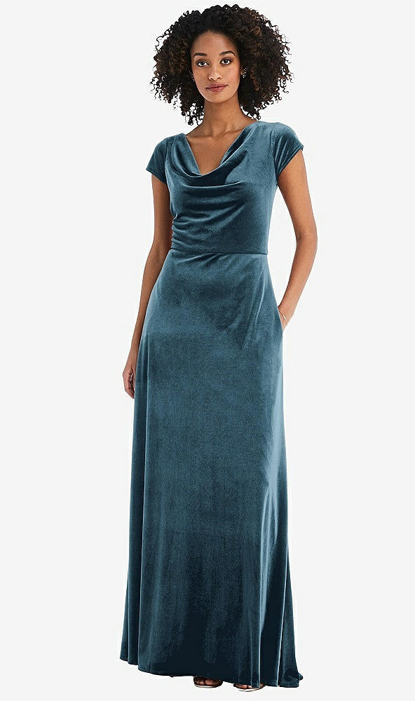 Front View - Dutch Blue Cowl-Neck Cap Sleeve Velvet Maxi Dress with Pockets