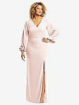 Front View Thumbnail - Blush Long Puff Sleeve V-Neck Trumpet Gown