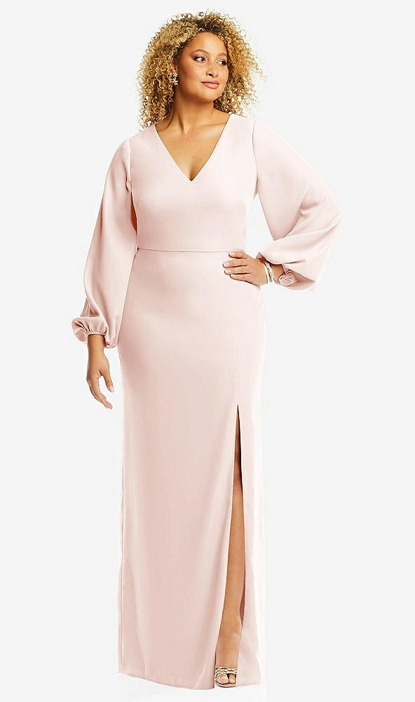Front View - Blush Long Puff Sleeve V-Neck Trumpet Gown