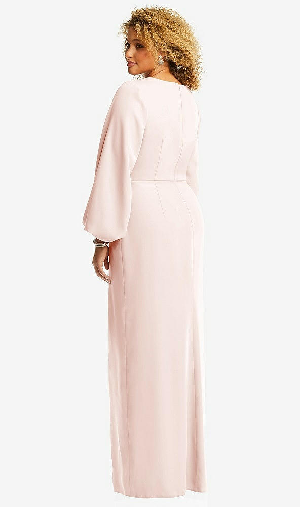 Back View - Blush Long Puff Sleeve V-Neck Trumpet Gown