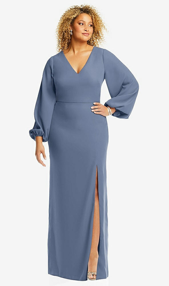 Front View - Larkspur Blue Long Puff Sleeve V-Neck Trumpet Gown