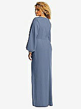 Rear View Thumbnail - Larkspur Blue Long Puff Sleeve V-Neck Trumpet Gown