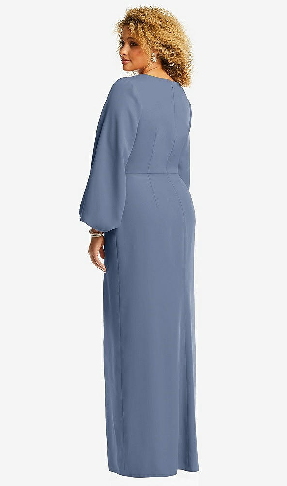 Back View - Larkspur Blue Long Puff Sleeve V-Neck Trumpet Gown