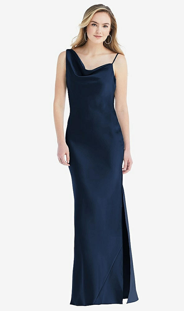 Front View - Midnight Navy Asymmetrical One-Shoulder Cowl Maxi Slip Dress
