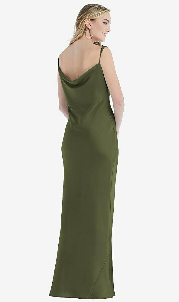 Back View - Olive Green Asymmetrical One-Shoulder Cowl Maxi Slip Dress