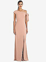Front View Thumbnail - Pale Peach Off-the-Shoulder Tie Detail Trumpet Gown with Front Slit