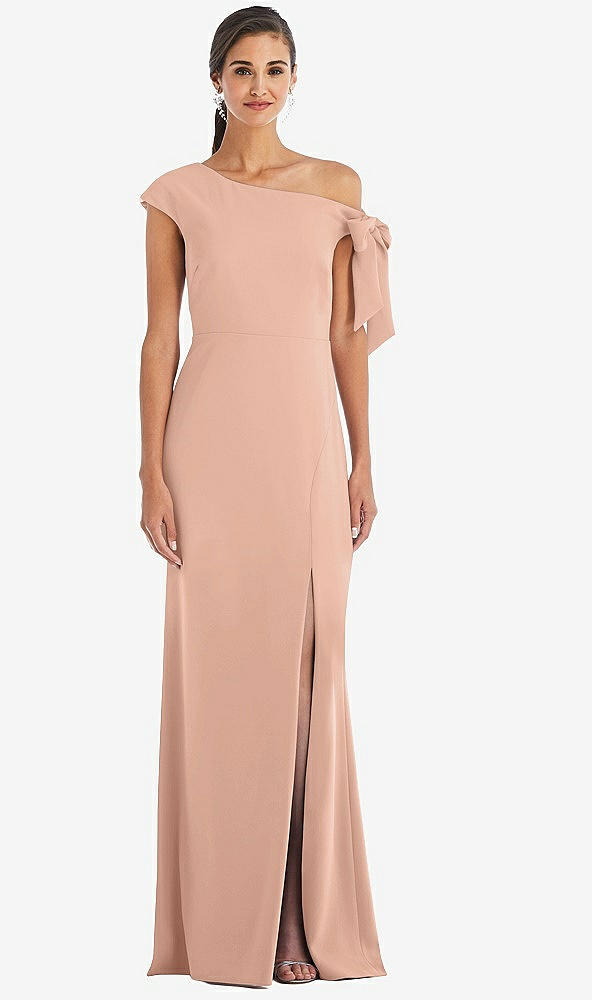 Front View - Pale Peach Off-the-Shoulder Tie Detail Trumpet Gown with Front Slit