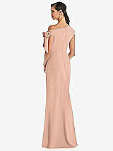 Rear View Thumbnail - Pale Peach Off-the-Shoulder Tie Detail Trumpet Gown with Front Slit