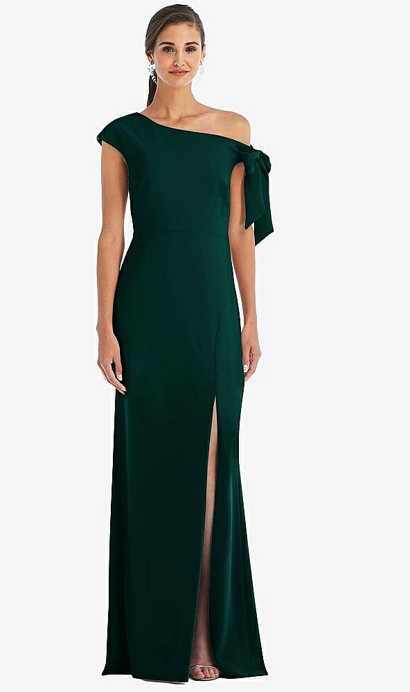 Front View - Evergreen Off-the-Shoulder Tie Detail Trumpet Gown with Front Slit