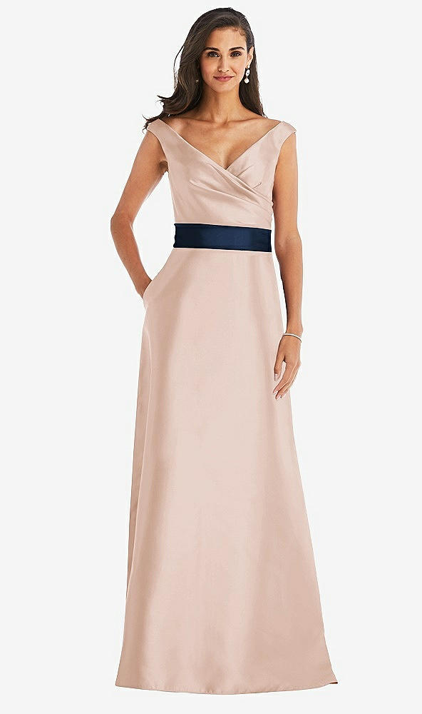 Front View - Cameo & Midnight Navy Off-the-Shoulder Draped Wrap Satin Maxi Dress