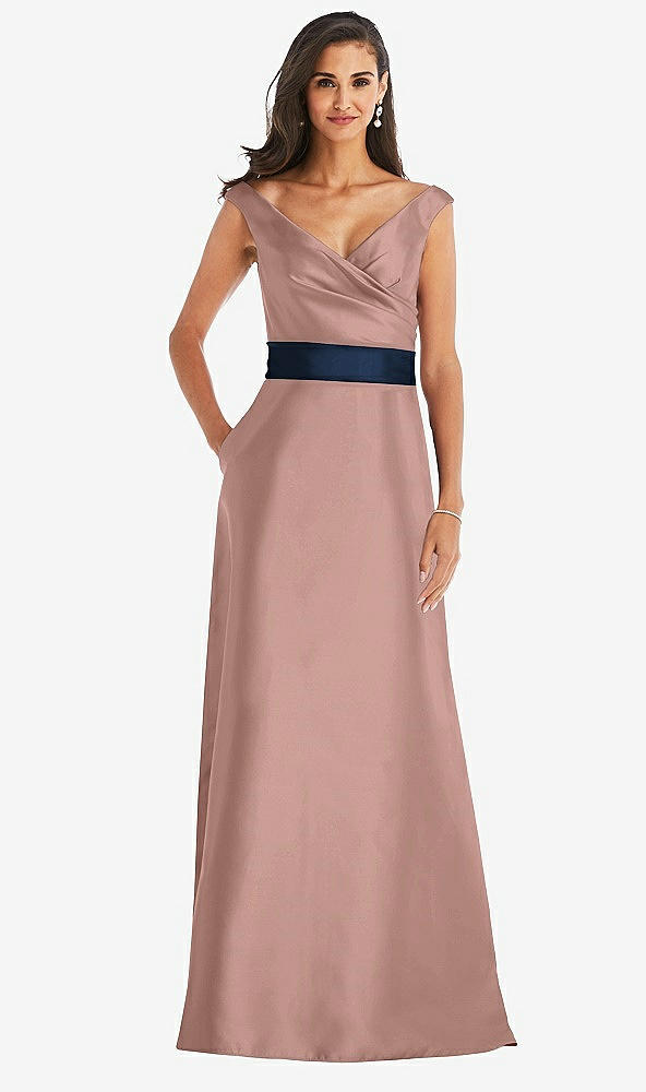 Front View - Neu Nude & Midnight Navy Off-the-Shoulder Draped Wrap Satin Maxi Dress