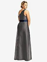 Rear View Thumbnail - Caviar Gray & Midnight Navy Draped One-Shoulder Satin Maxi Dress with Pockets