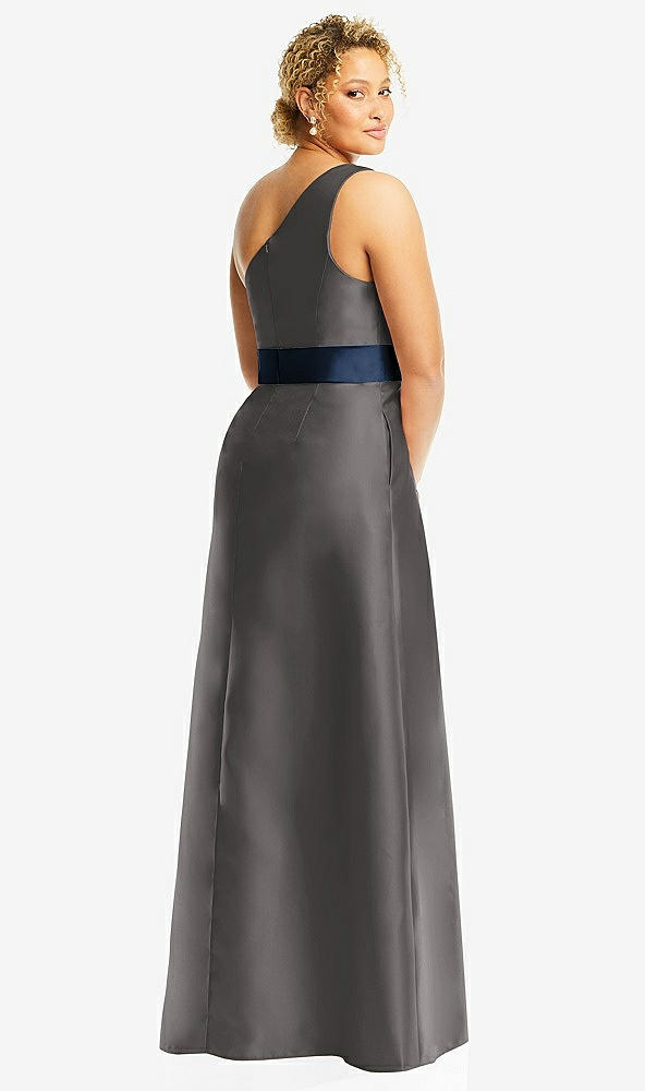 Back View - Caviar Gray & Midnight Navy Draped One-Shoulder Satin Maxi Dress with Pockets