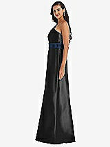 Alt View 2 Thumbnail - Black & Midnight Navy Draped One-Shoulder Satin Maxi Dress with Pockets