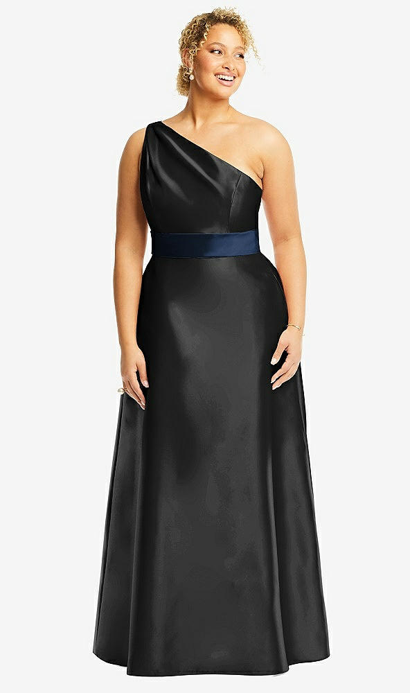 Front View - Black & Midnight Navy Draped One-Shoulder Satin Maxi Dress with Pockets