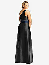 Rear View Thumbnail - Black & Midnight Navy Draped One-Shoulder Satin Maxi Dress with Pockets