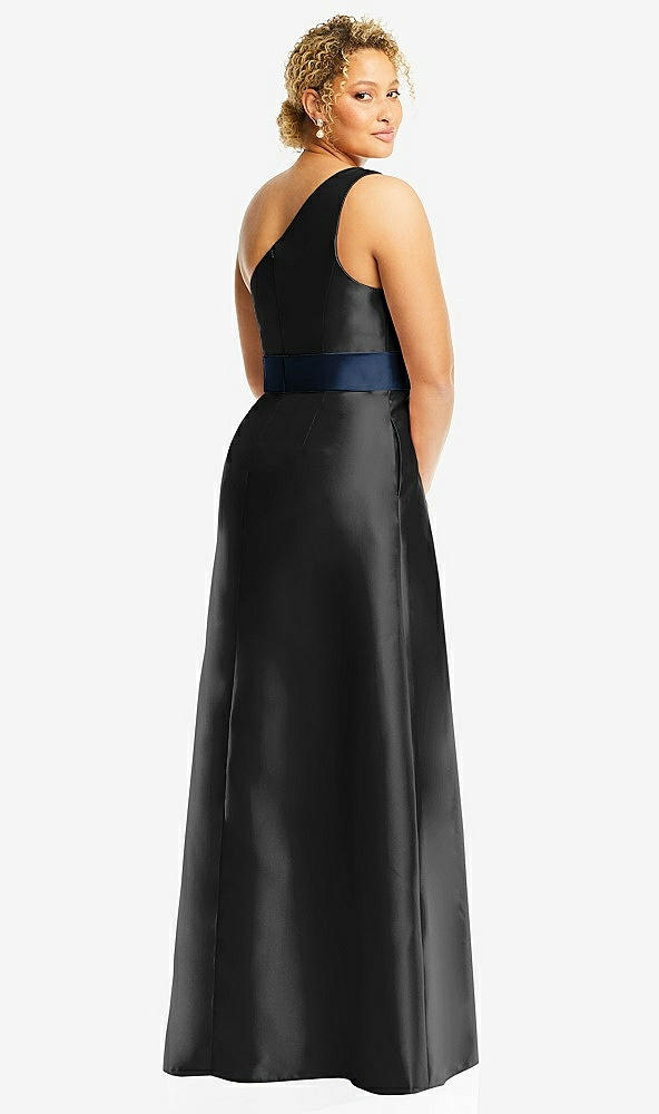Back View - Black & Midnight Navy Draped One-Shoulder Satin Maxi Dress with Pockets