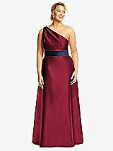 Front View Thumbnail - Burgundy & Midnight Navy Draped One-Shoulder Satin Maxi Dress with Pockets
