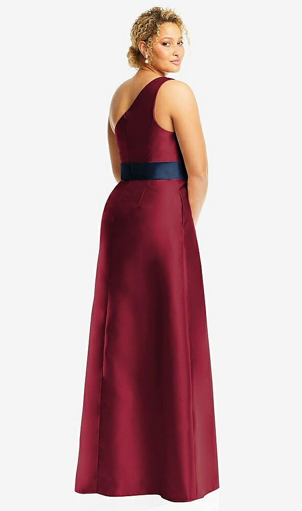 Back View - Burgundy & Midnight Navy Draped One-Shoulder Satin Maxi Dress with Pockets