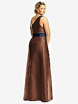 Rear View Thumbnail - Cognac & Midnight Navy Draped One-Shoulder Satin Maxi Dress with Pockets