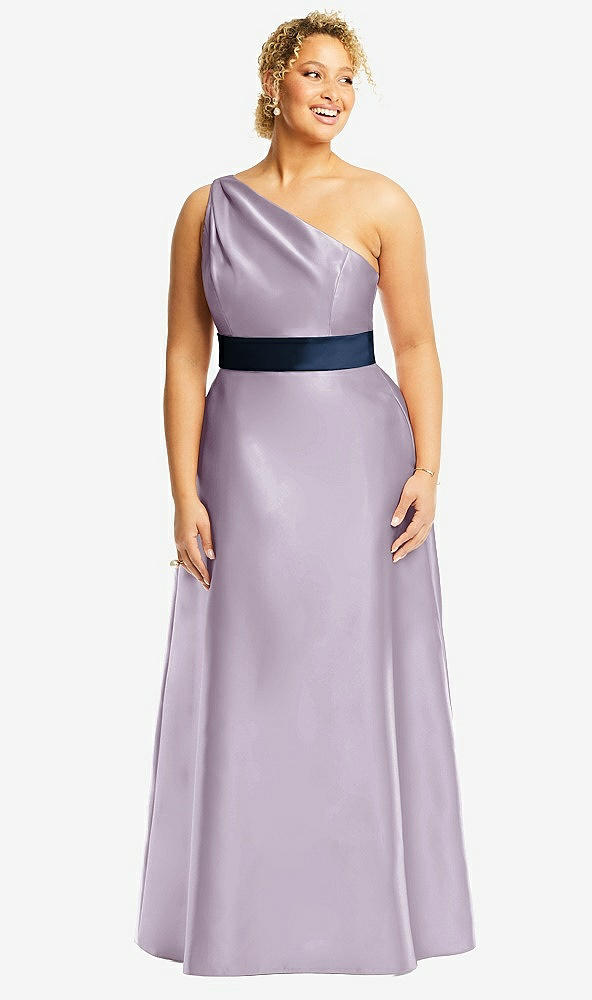 Front View - Lilac Haze & Midnight Navy Draped One-Shoulder Satin Maxi Dress with Pockets