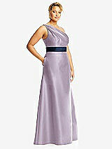 Side View Thumbnail - Lilac Haze & Midnight Navy Draped One-Shoulder Satin Maxi Dress with Pockets