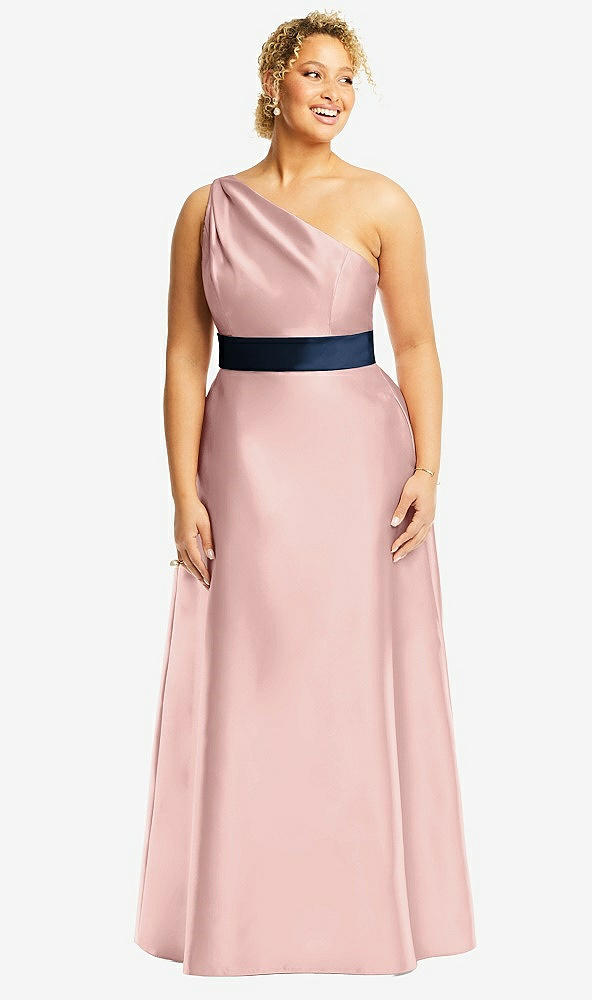 Front View - Rose - PANTONE Rose Quartz & Midnight Navy Draped One-Shoulder Satin Maxi Dress with Pockets