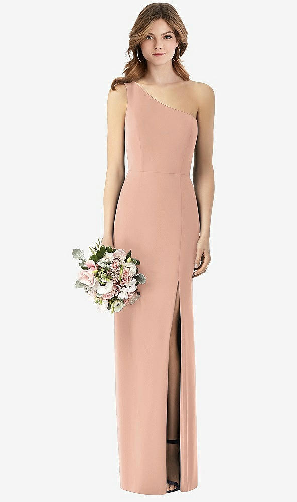 Front View - Pale Peach One-Shoulder Crepe Trumpet Gown with Front Slit