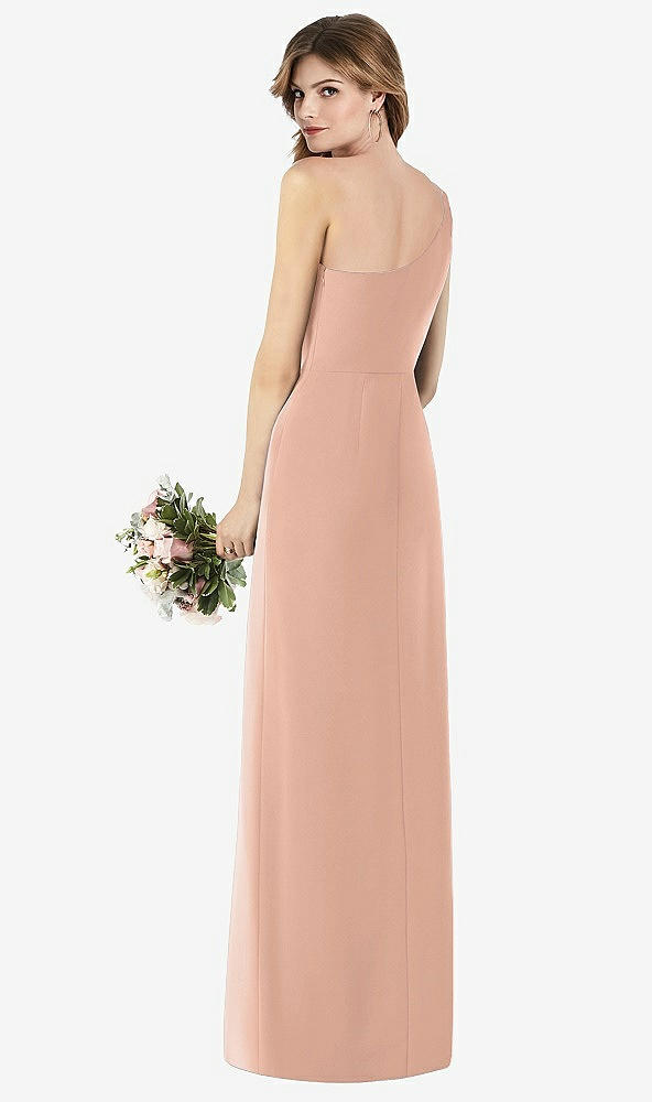 Back View - Pale Peach One-Shoulder Crepe Trumpet Gown with Front Slit