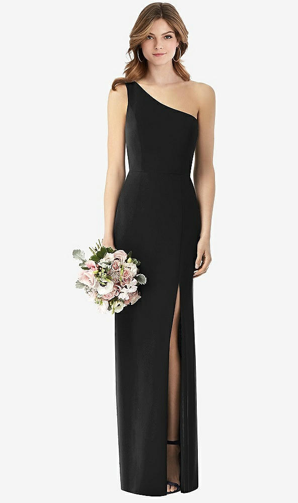 Front View - Black One-Shoulder Crepe Trumpet Gown with Front Slit