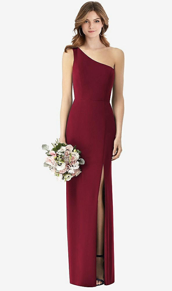 Front View - Burgundy One-Shoulder Crepe Trumpet Gown with Front Slit