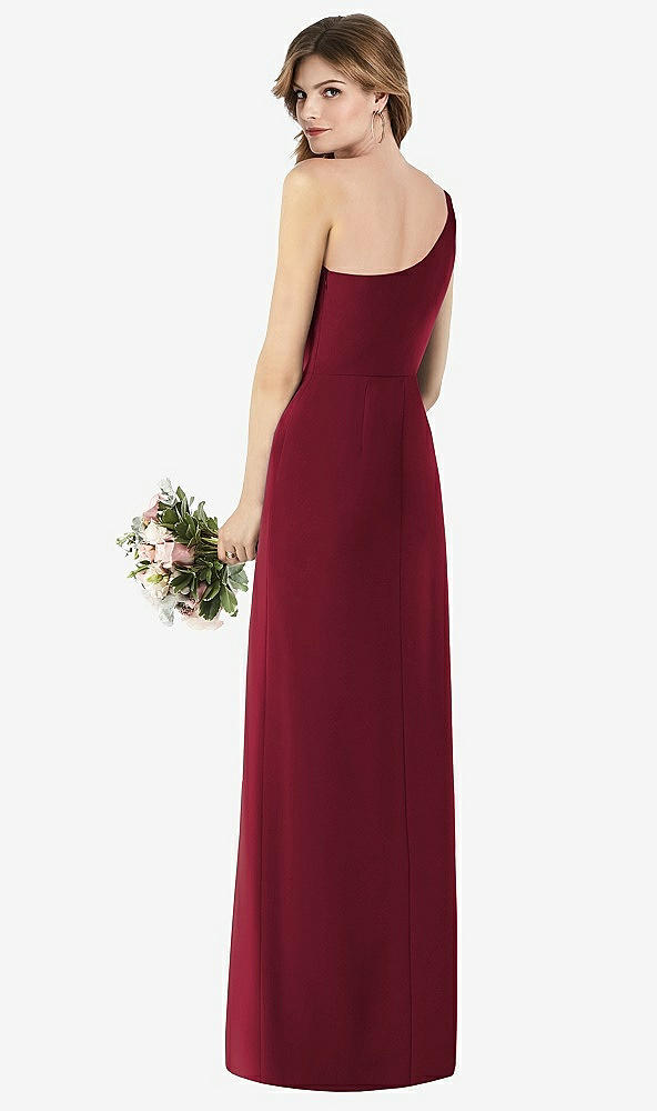 Back View - Burgundy One-Shoulder Crepe Trumpet Gown with Front Slit