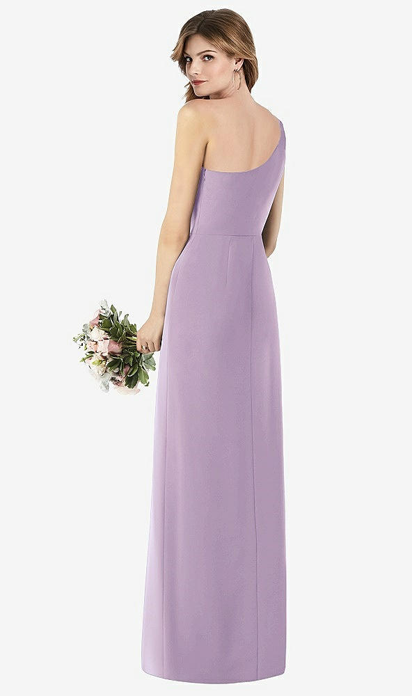 Back View - Pale Purple One-Shoulder Crepe Trumpet Gown with Front Slit