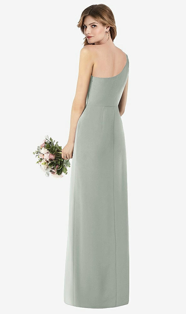 Back View - Willow Green One-Shoulder Crepe Trumpet Gown with Front Slit