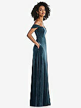 Side View Thumbnail - Dutch Blue Off-the-Shoulder Flounce Sleeve Velvet Maxi Dress