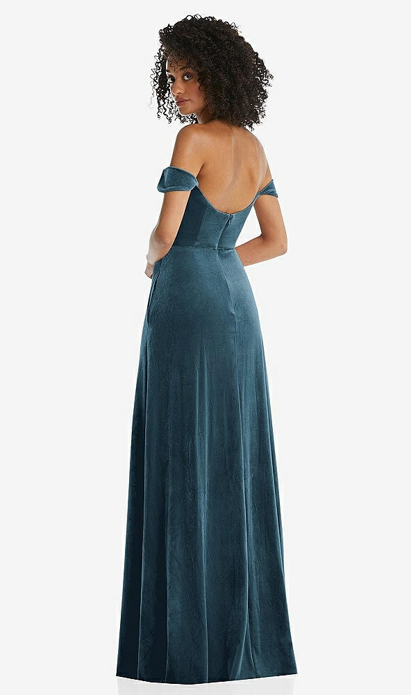 Back View - Dutch Blue Off-the-Shoulder Flounce Sleeve Velvet Maxi Dress