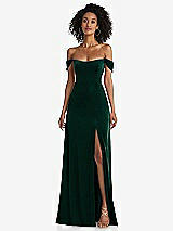 Front View Thumbnail - Evergreen Off-the-Shoulder Flounce Sleeve Velvet Maxi Dress