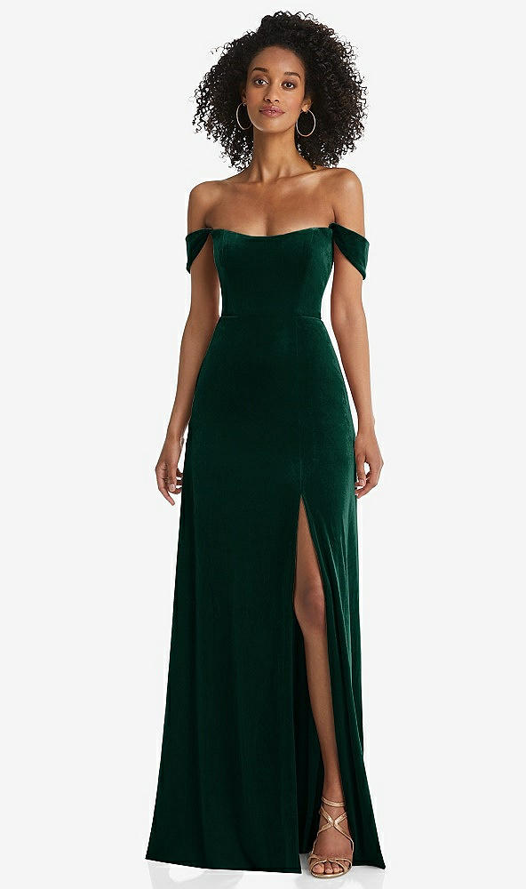 Front View - Evergreen Off-the-Shoulder Flounce Sleeve Velvet Maxi Dress