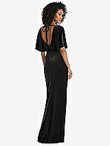 Rear View Thumbnail - Black Flutter Sleeve Open-Back Velvet Maxi Dress with Draped Wrap Skirt