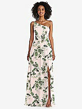 Front View Thumbnail - Palm Beach Print One-Shoulder Chiffon Maxi Dress with Shirred Front Slit
