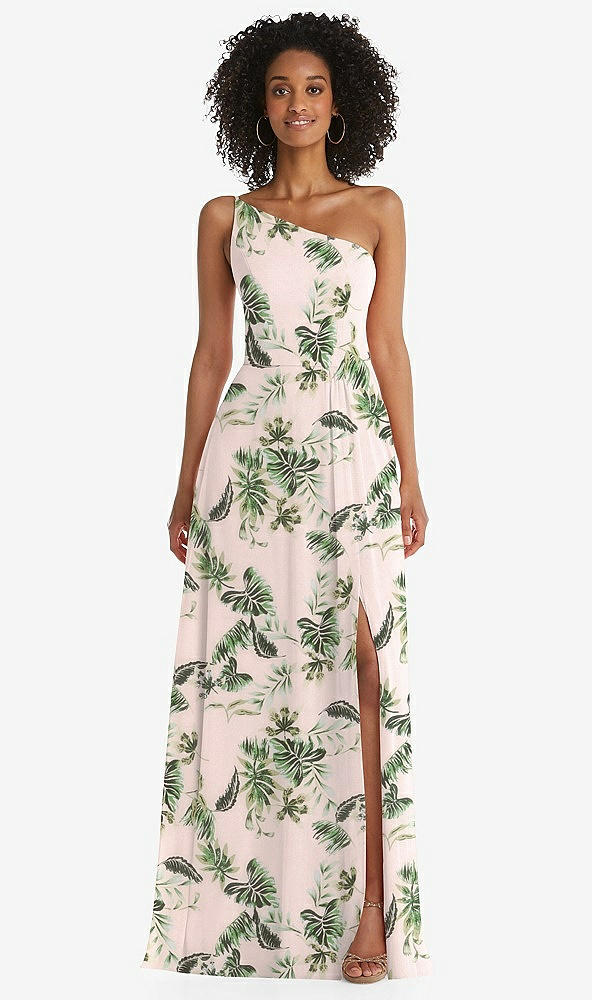 Front View - Palm Beach Print One-Shoulder Chiffon Maxi Dress with Shirred Front Slit
