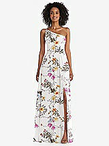 Front View Thumbnail - Butterfly Botanica Ivory One-Shoulder Chiffon Maxi Dress with Shirred Front Slit